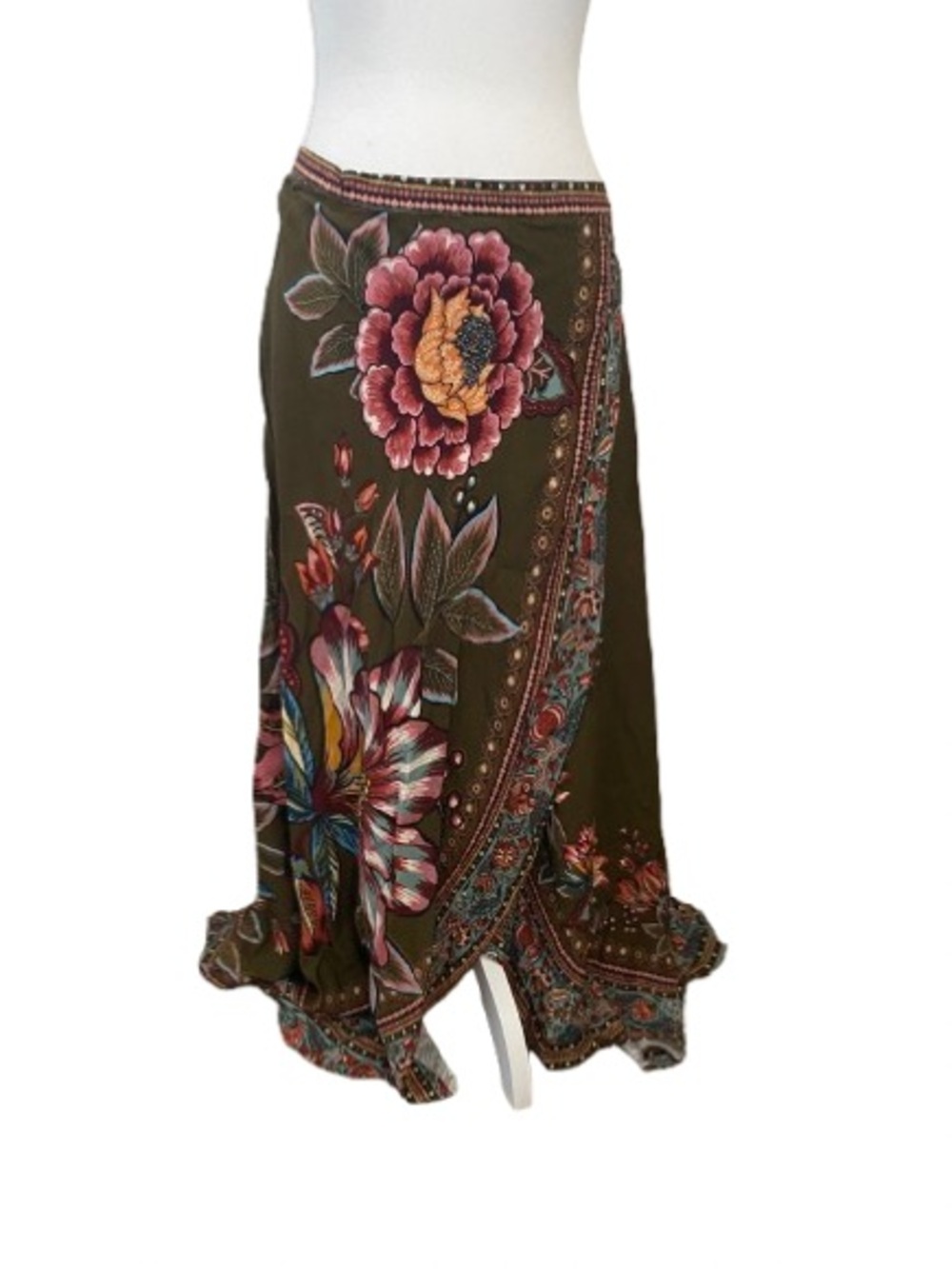 FARM Rio Olive Green Floral Wrap Maxi Skirt • Size L